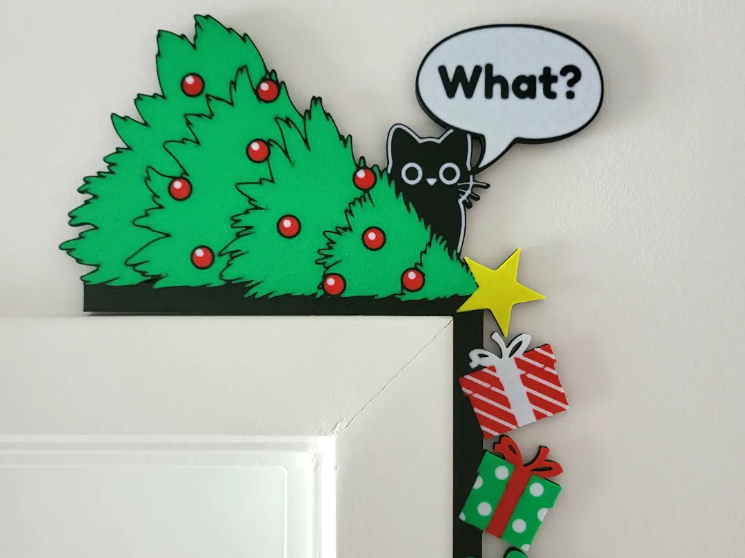 Door Frame Corner - Needles the Cat Knocking Over Christmas+Tree - 9.5 inches - Left or Right Corner