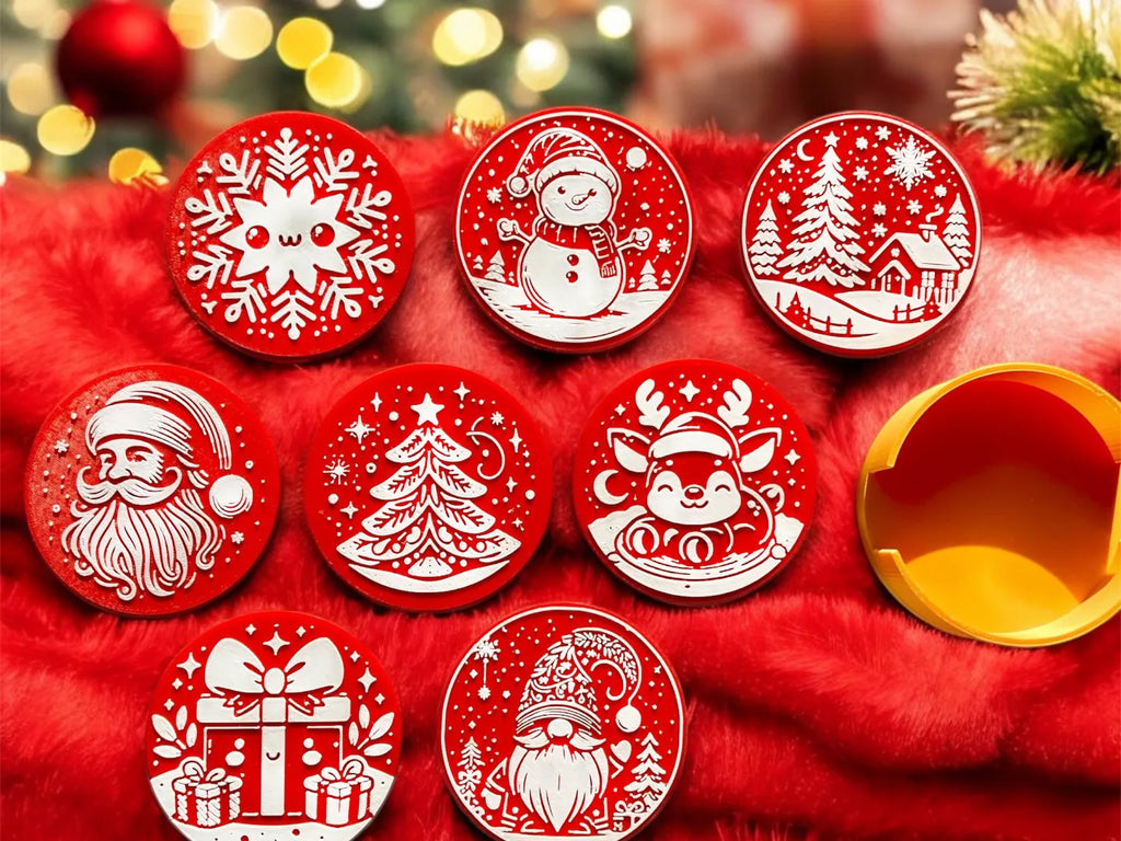 8 Unique Christmas Coasters & Holder