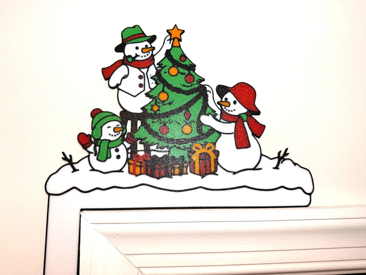 Door Frame Corner - Snowman decorating a tree with presents w/ RED Garland - 9 1/2 inches