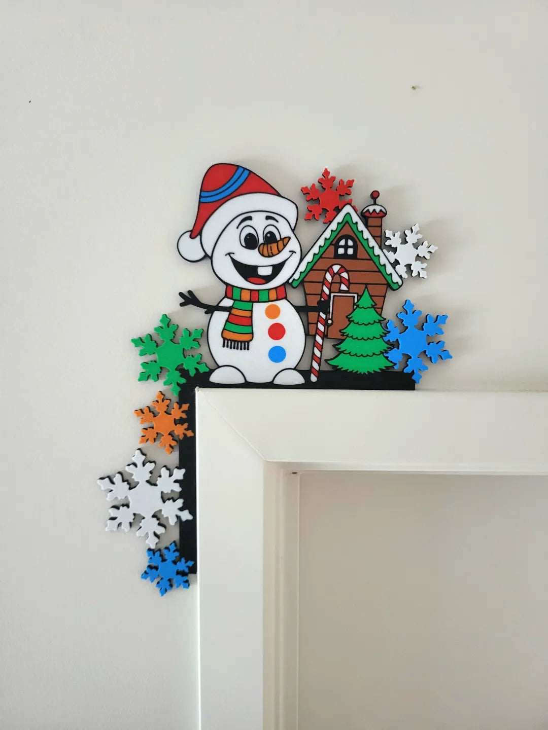 Door Frame Corner - Snowman with gingerbread house and snow flakes. - 9.5 inches - 4 or 7 color