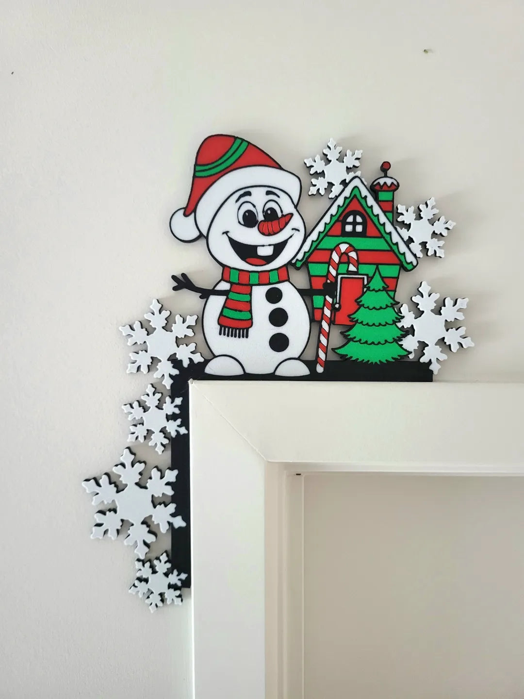 Door Frame Corner - Snowman with gingerbread house and snow flakes. - 9.5 inches - 4 or 7 color