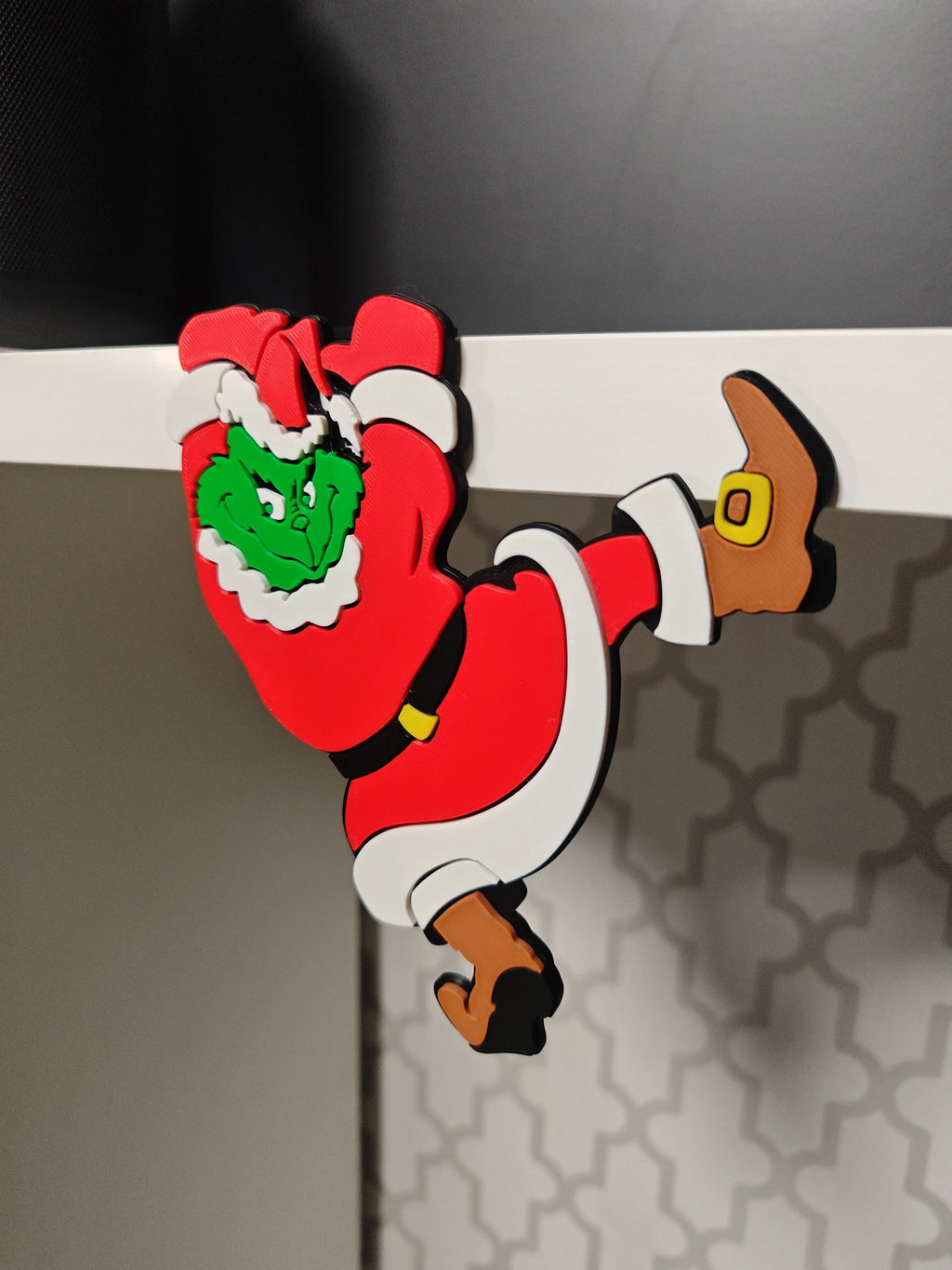 Grinch Hanging off shelf  w/ Ledge Holder for shelf, door frame or table top