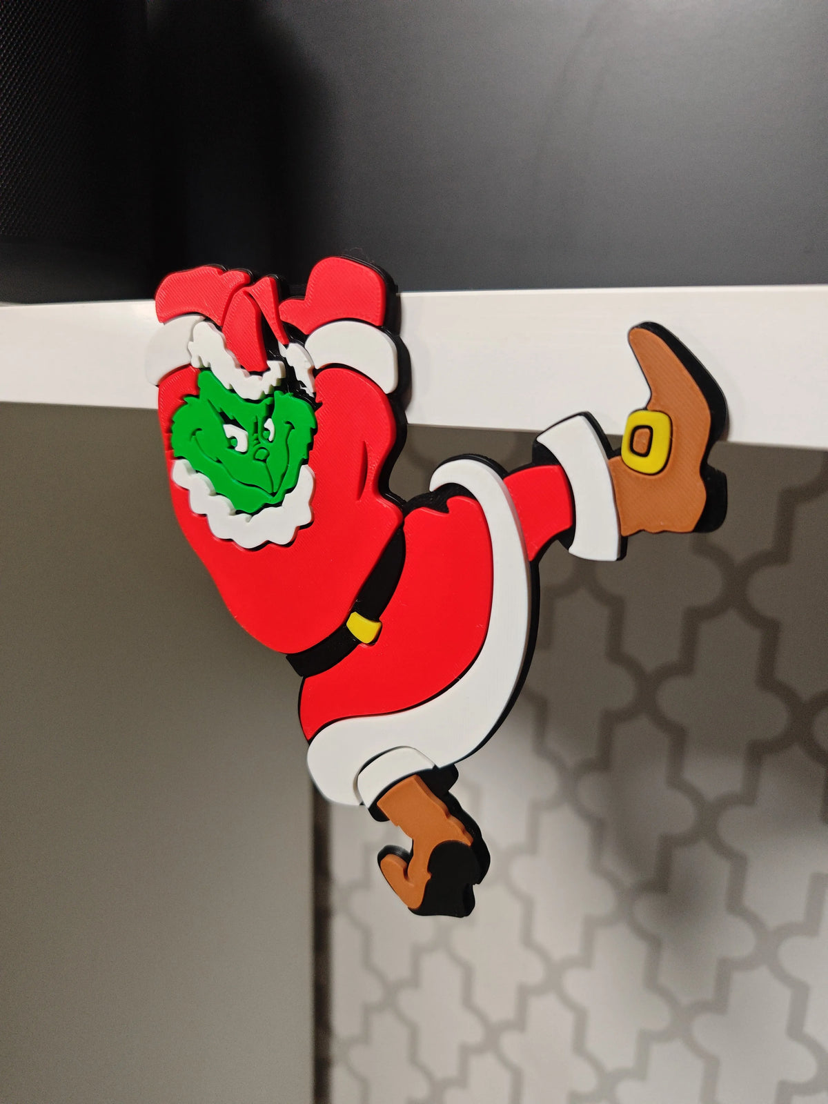 Grinch Hanging off shelf  w/ Ledge Holder for shelf, door frame or table top