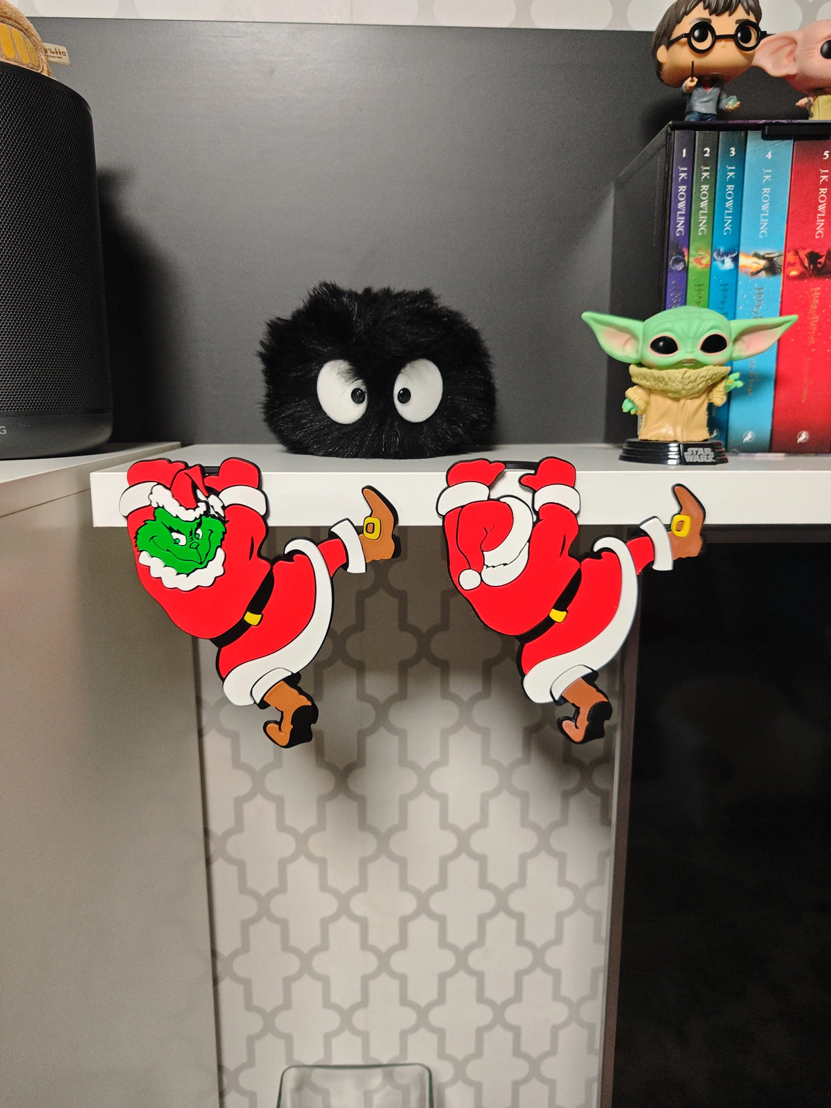 Grinch Hanging off shelf  w/ Ledge Holder for shelf, door frame or table top