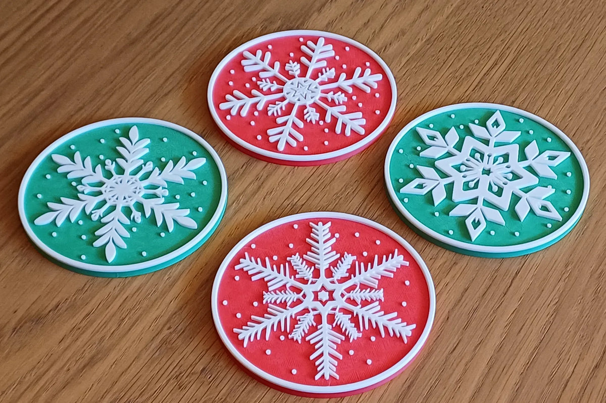 Christmas Snowflake Drink Coasters x 4 w/ Holder, Cork Backing in several colors