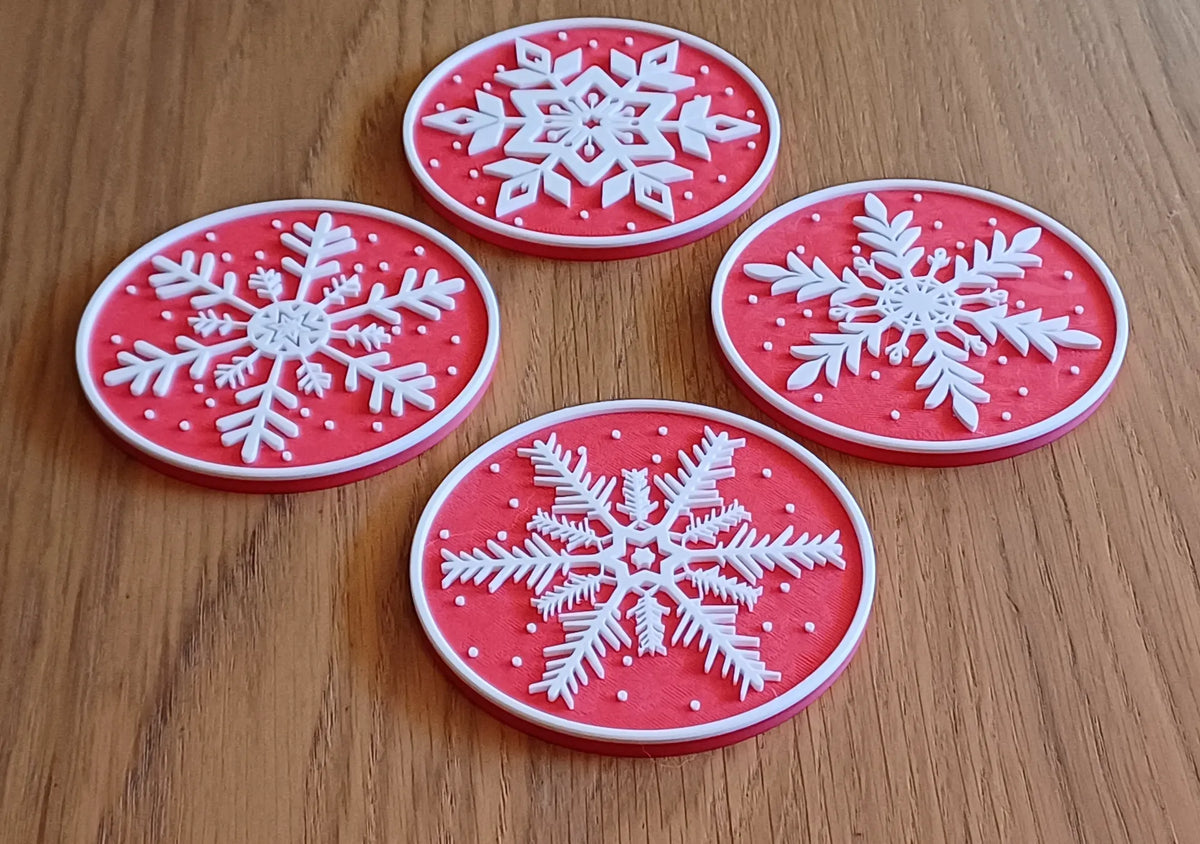 Christmas Snowflake Drink Coasters x 4 w/ Holder, Cork Backing in several colors