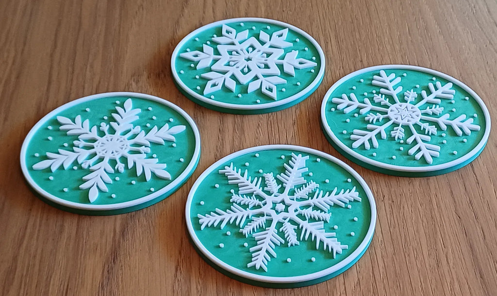 Christmas Snowflake Drink Coasters x 4 w/ Holder, Cork Backing in several colors