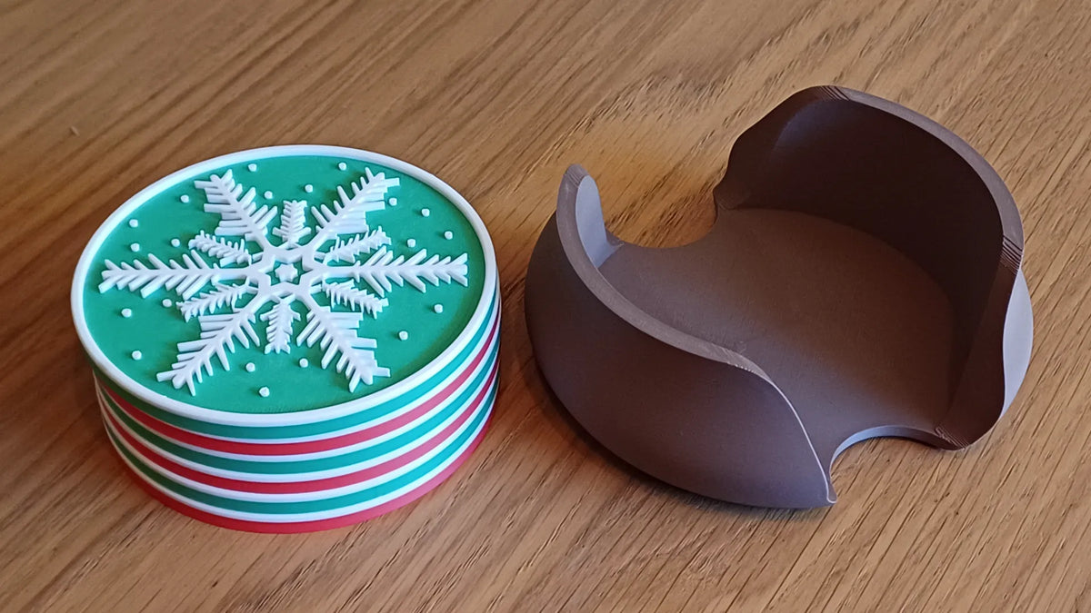 Christmas Snowflake Drink Coasters x 4 w/ Holder, Cork Backing in several colors