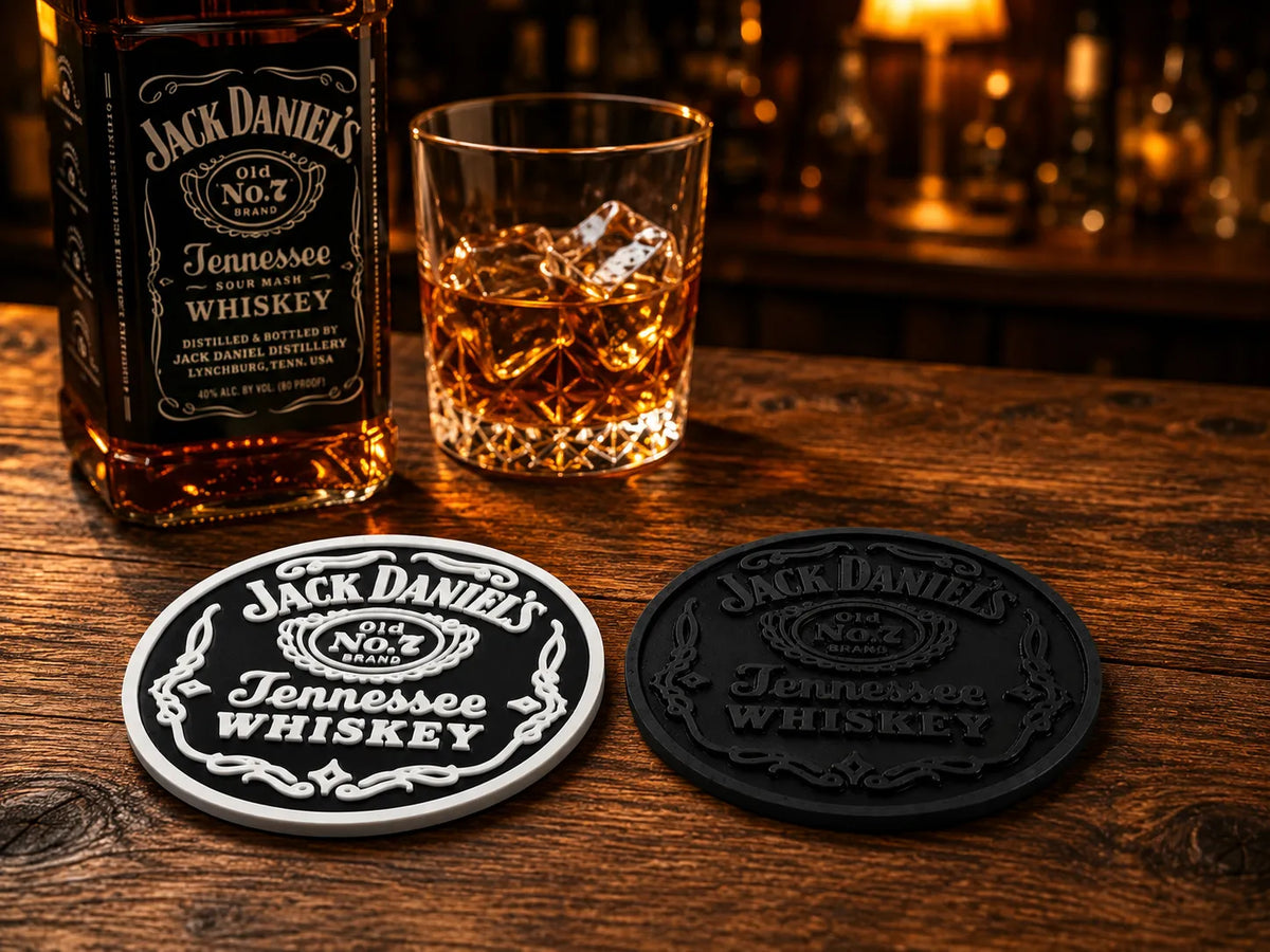 Jack Daniels Tennessee Whiskey - Round Coaster x 5 w/ Holder & Cork Bottom