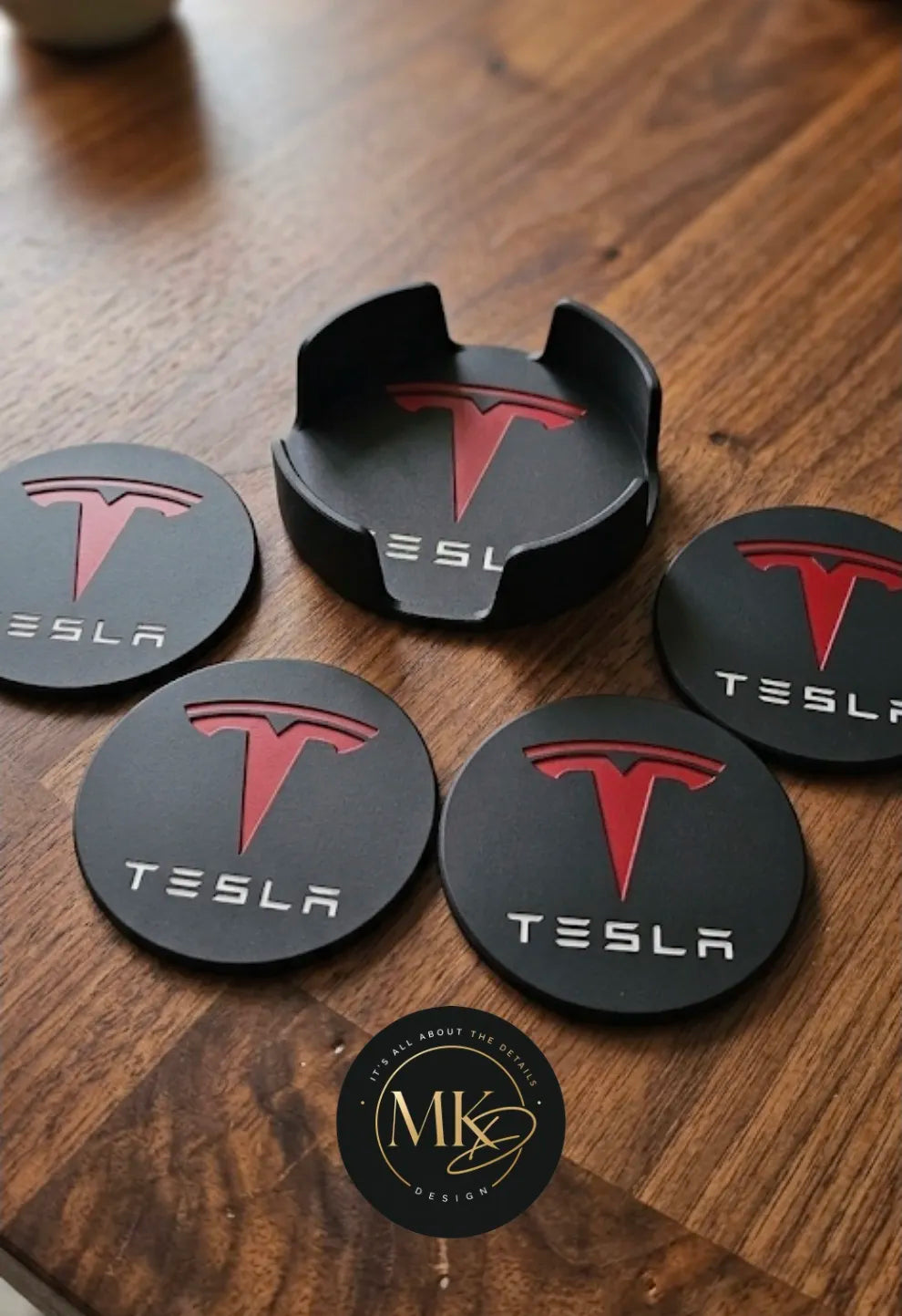 Tesla Red / Black Coaster set of 4 with Official Holder