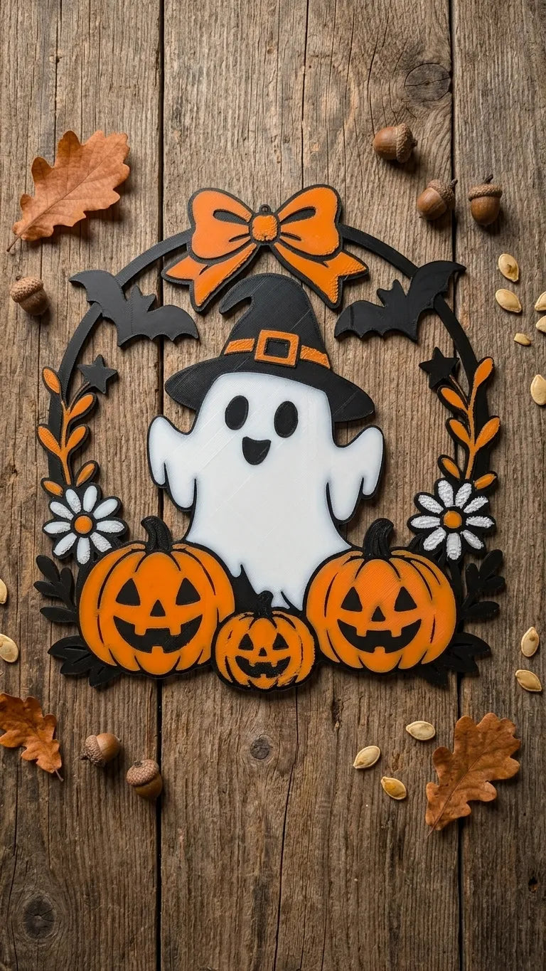 Cute Boo Ghost with Pumpkin Decor Wreath - 10 inches