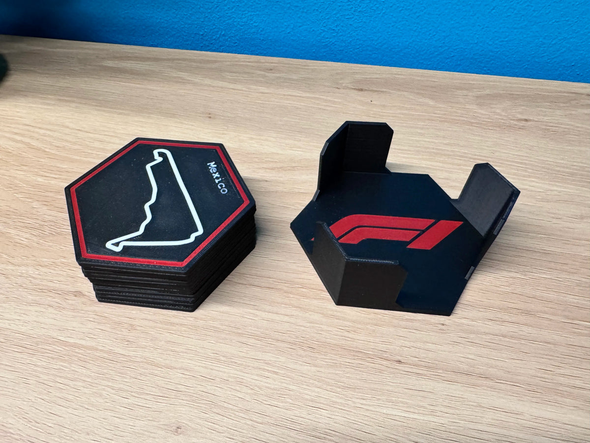 F1 Hexagon Race Track Coasters w/ Holder - 8 Cork Backed Set