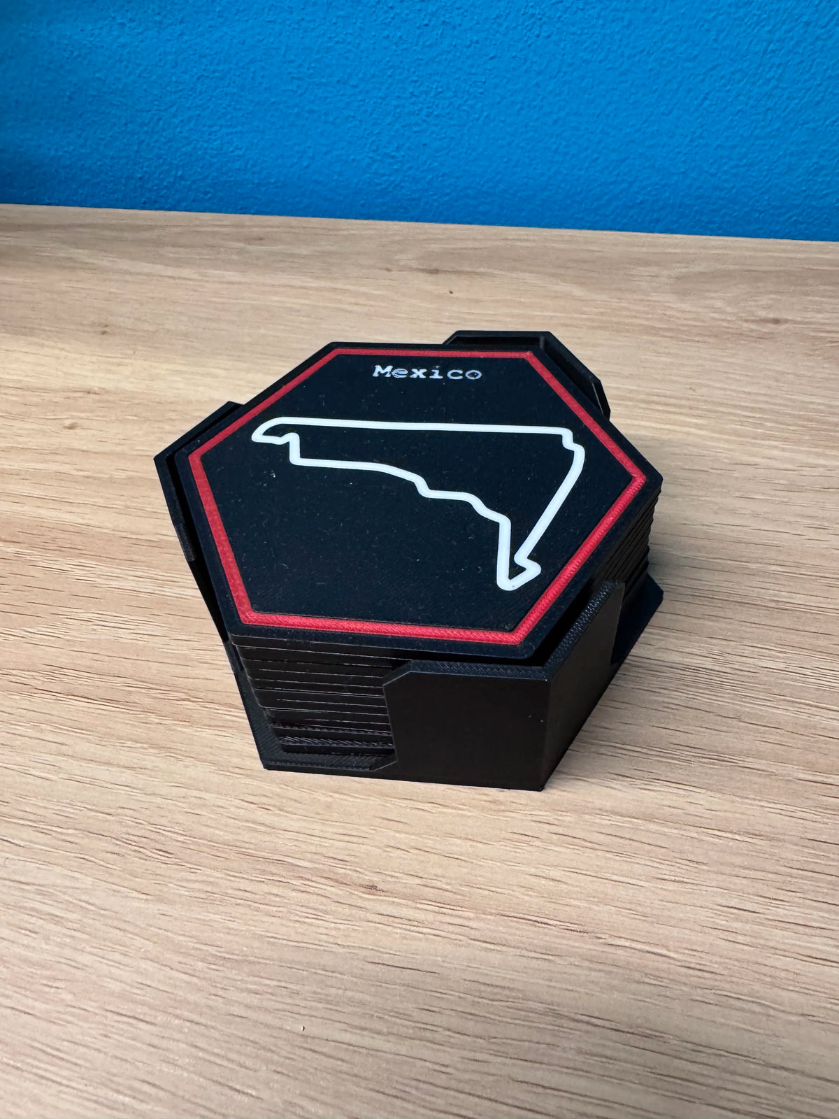 F1 Hexagon Race Track Coasters w/ Holder - 8 Cork Backed Set
