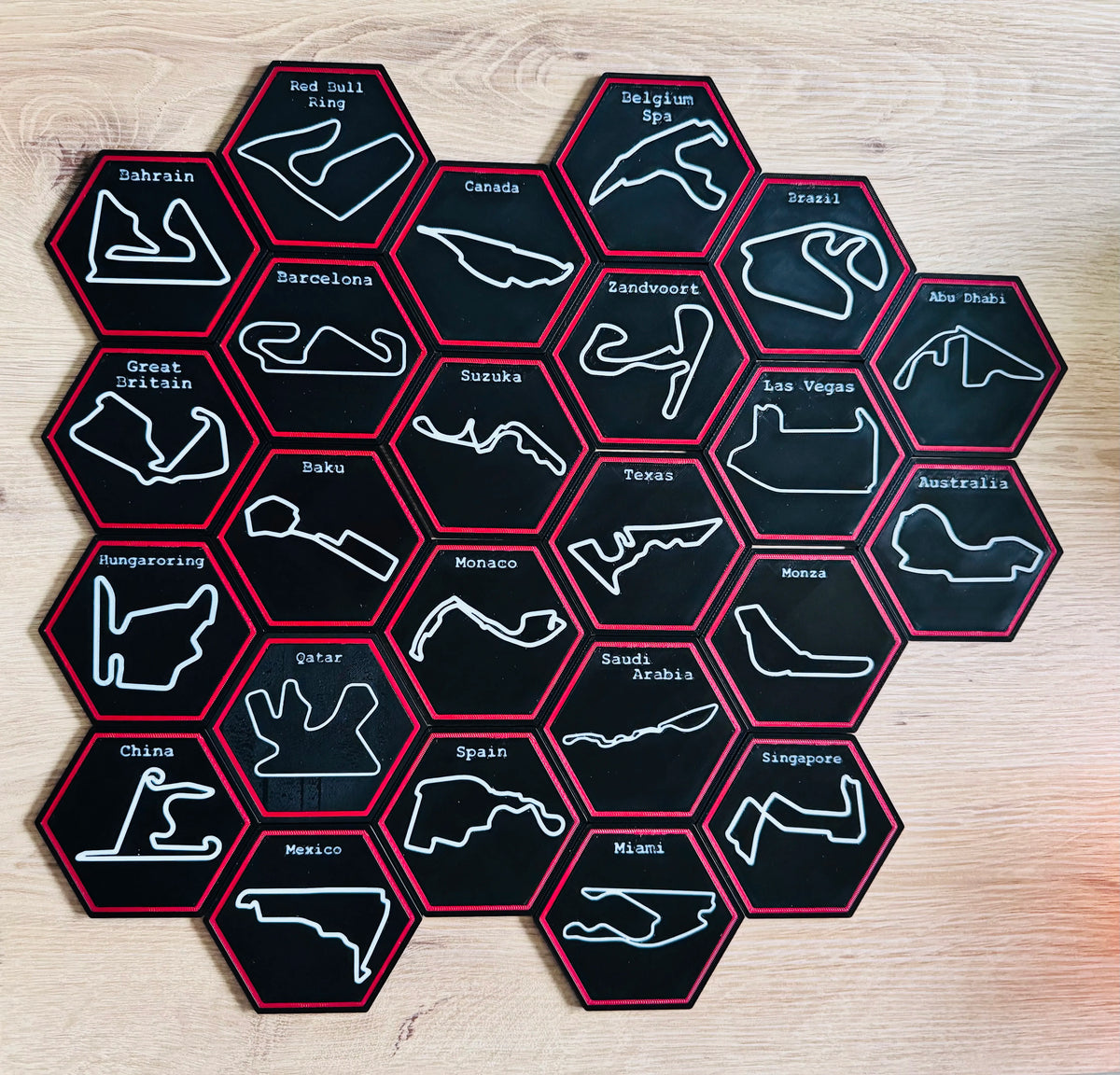 F1 Hexagon Race Track Coasters w/ Holder - 8 Cork Backed Set