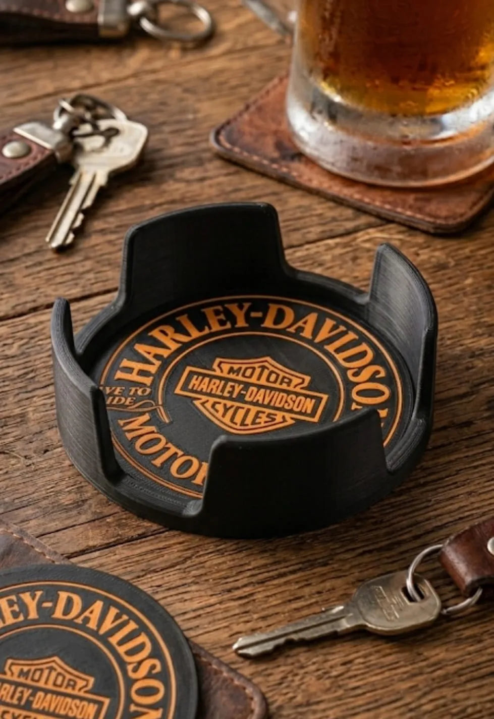 Harley Davidson Coasters x 8 unique designs w/ cork backing incl./ Holder