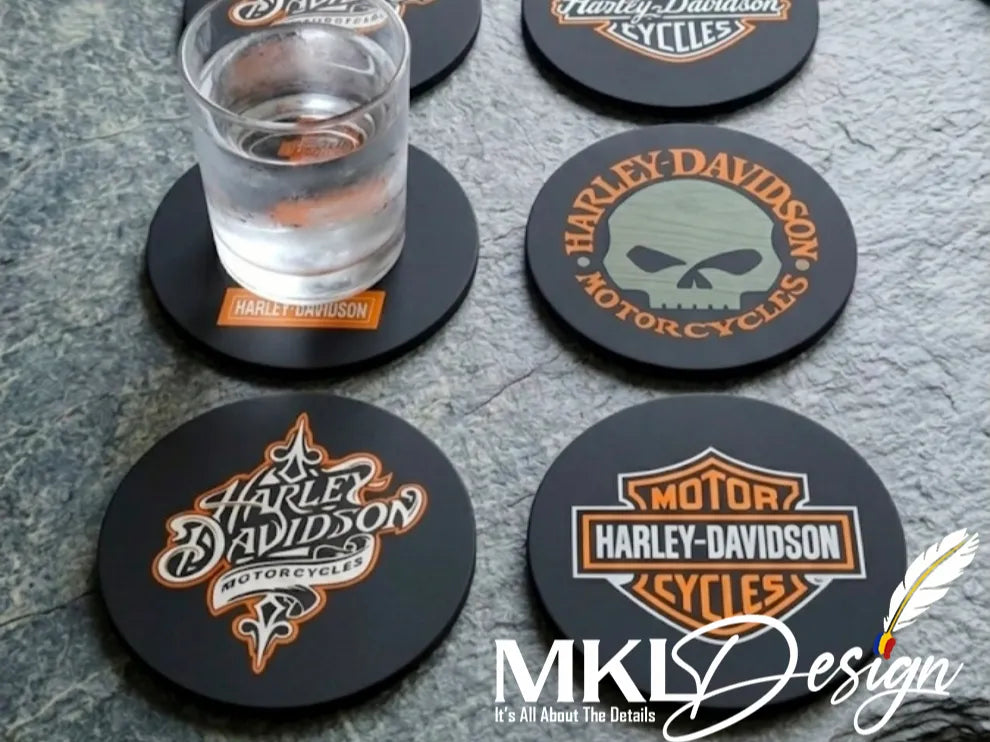 Harley Davidson Coasters x 8 unique designs w/ cork backing incl./ Holder