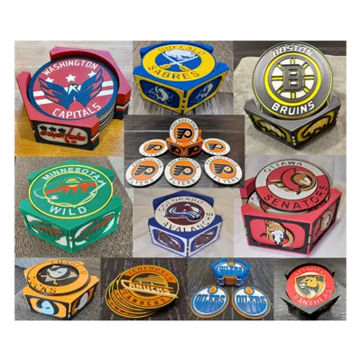 NHL Fan Stand Coaster Set - ALL NHL Teams - Includes 5 Coasters and Stadium Holder with Team Board Logos