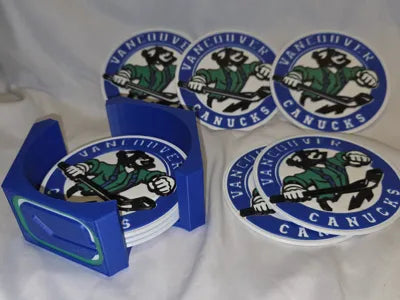 NHL Fan Stand Coaster Set - ALL NHL Teams - Includes 5 Coasters and Stadium Holder with Team Board Logos
